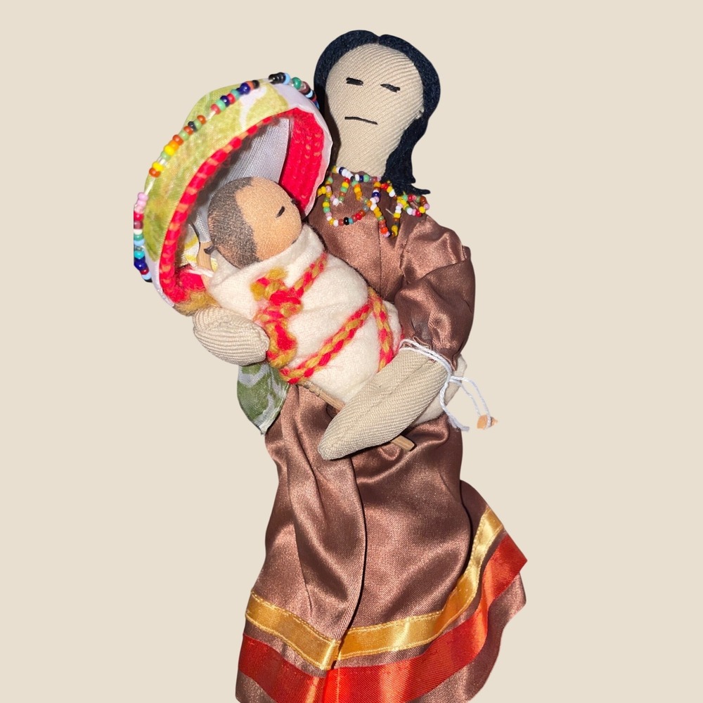 Native American Navajo Mother and Baby Cloth Doll Beaded Cradleboard 9.5"